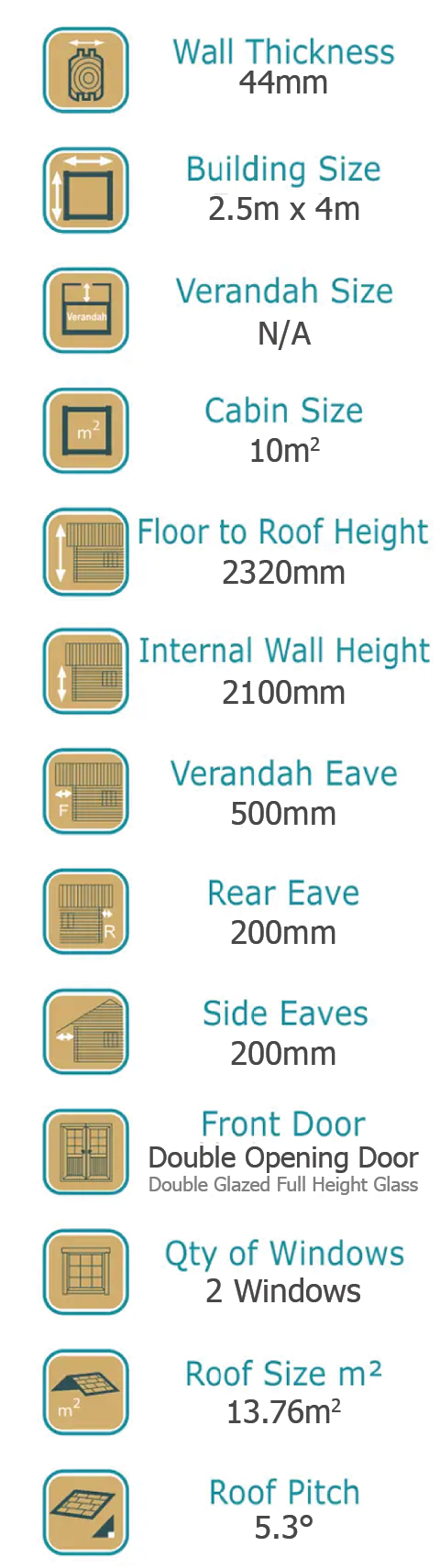Oasis side info box_01 Cabin Life Garden Escape 10m² Specs